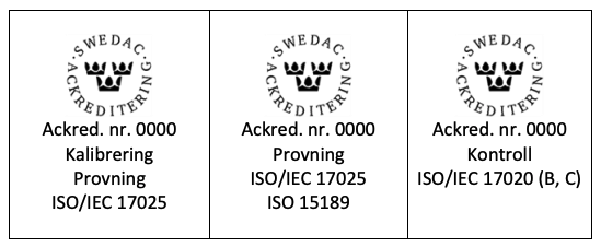Exempel på kombinerade ackrediteringssymboler möjliga att använda för hänvisning till ackreditering på brevpapper, i marknadsföringsmaterial eller andra kommunikationsmedia.