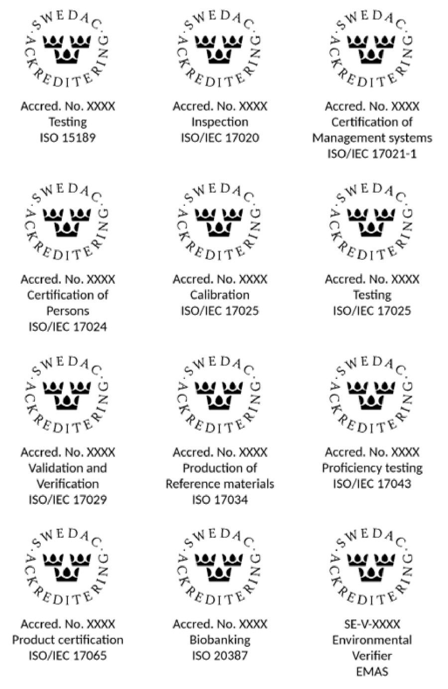 Accreditation symbols for referring to accreditation in reports, Certificates, attestations, or calibration certificates.